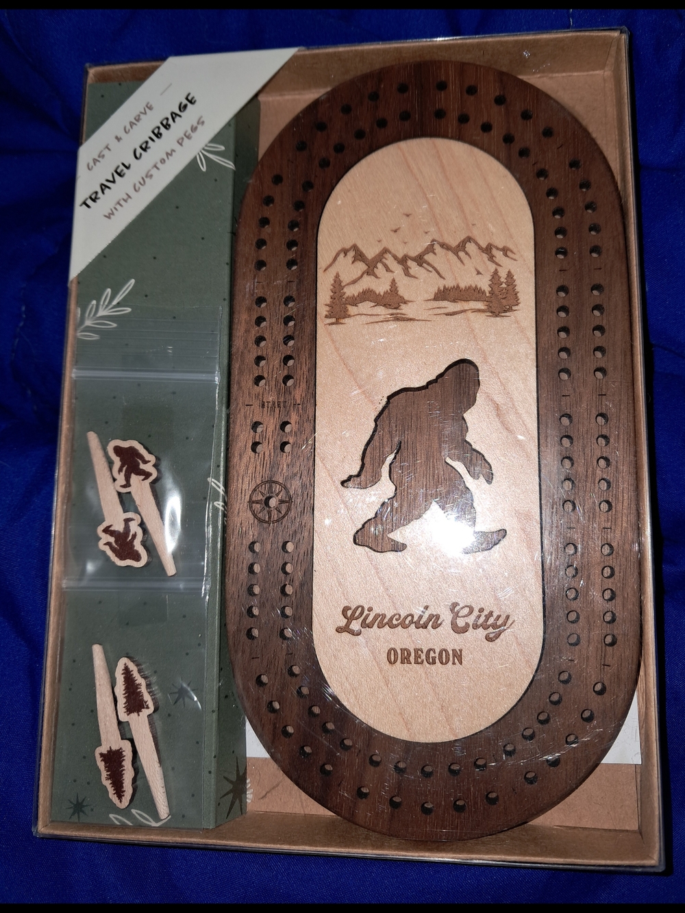 Lincoln City Oregon Wooden Travel Cribbage Board - Natural & Dark Wood